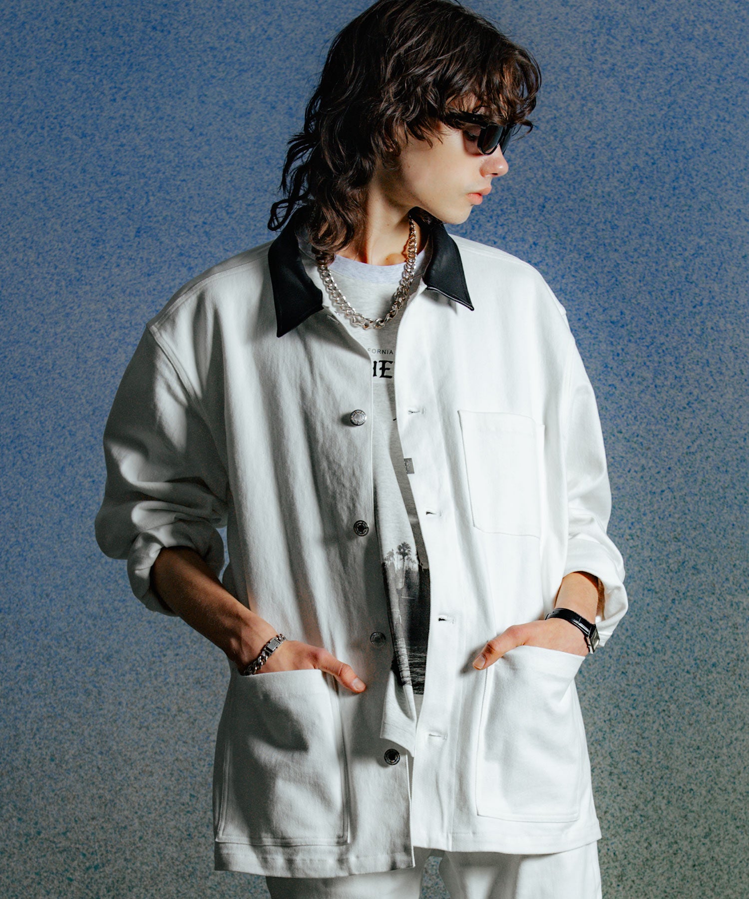 LEATHER COLLAR TWILL STRETCH COVER ALL JACKET