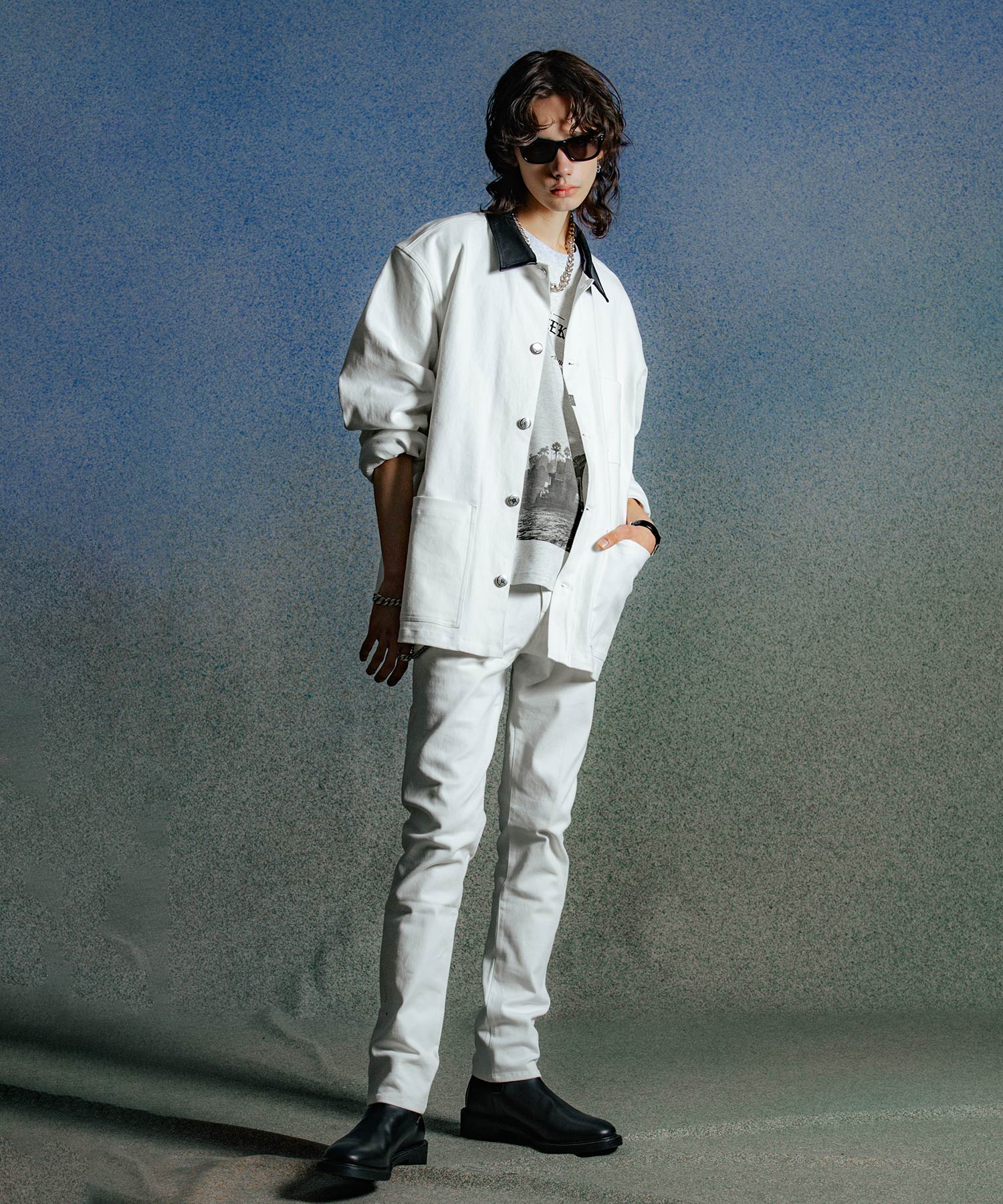 LEATHER COLLAR TWILL STRETCH COVER ALL JACKET