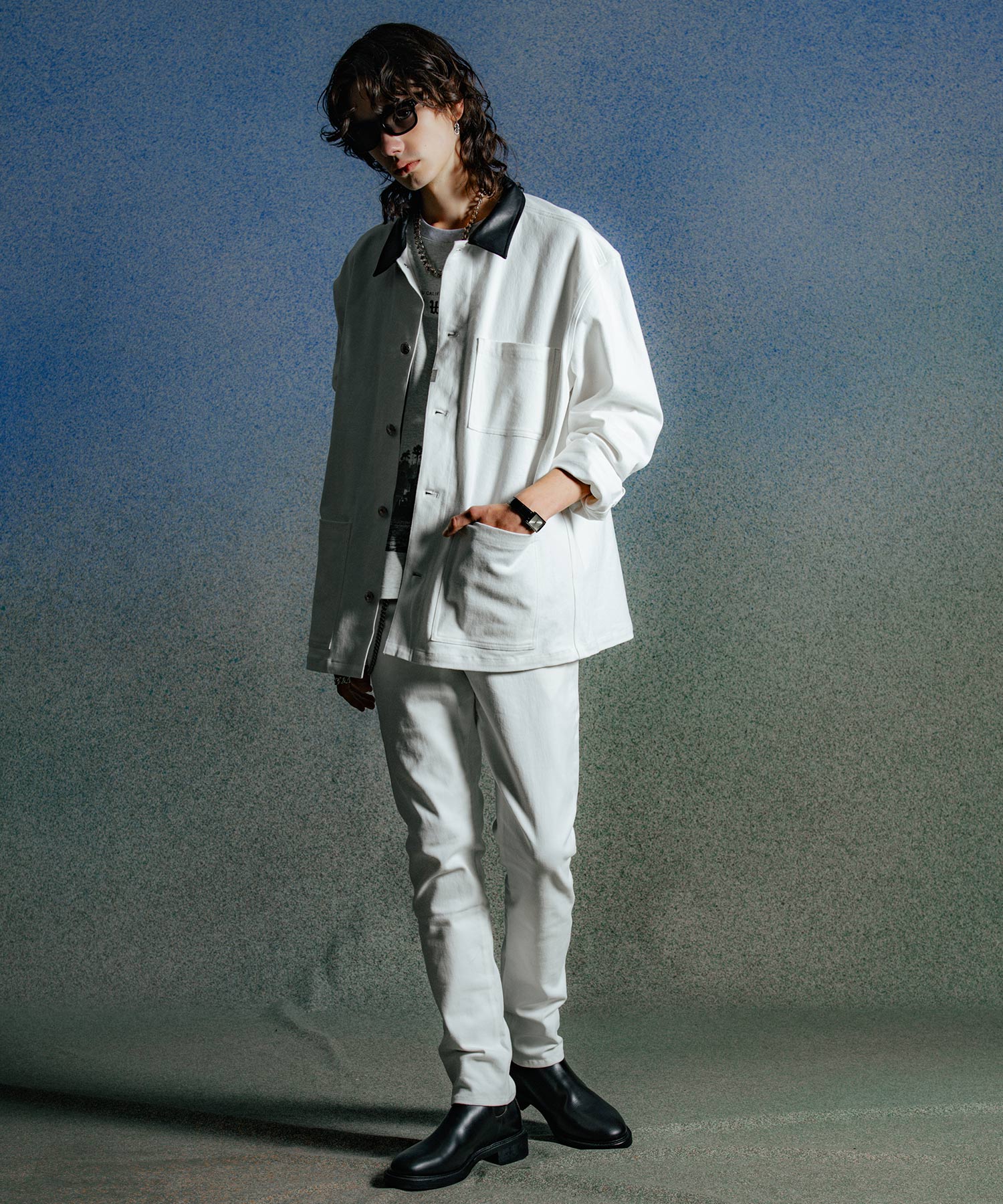LEATHER COLLAR TWILL STRETCH COVER ALL JACKET