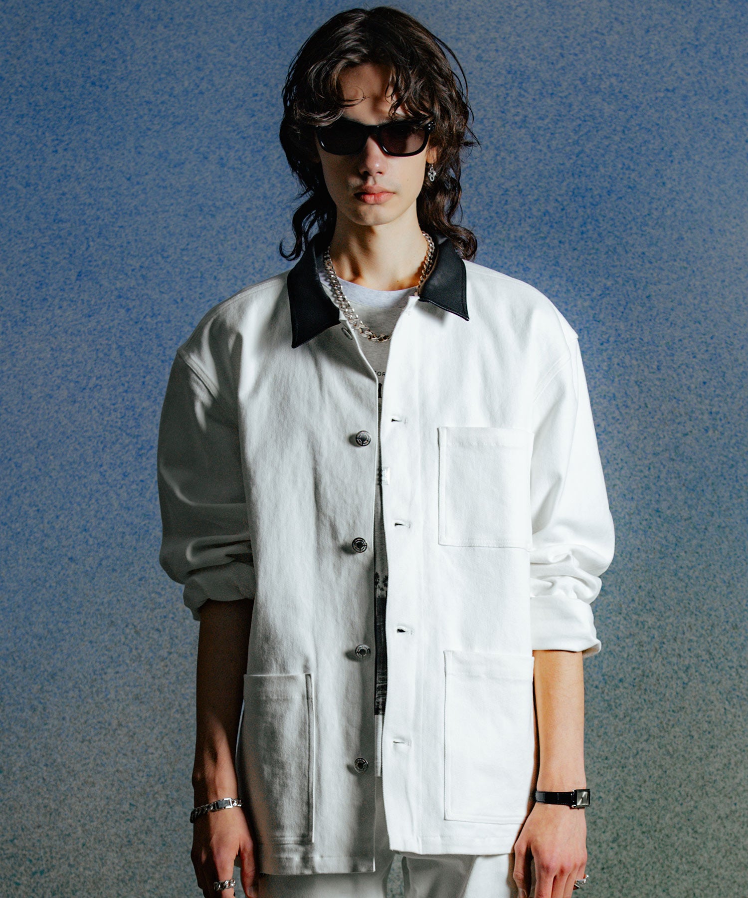 LEATHER COLLAR TWILL STRETCH COVER ALL JACKET
