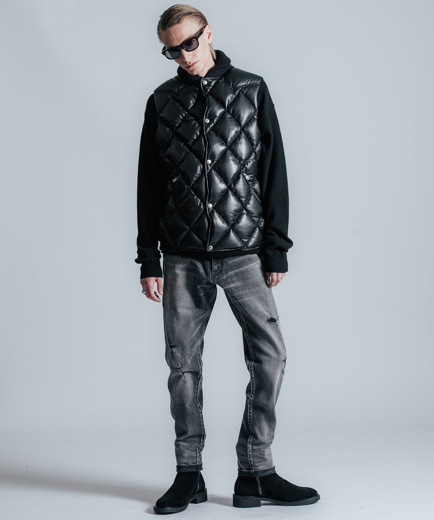 DIAMOND QUILT LAMB LEATHER DOWN VEST