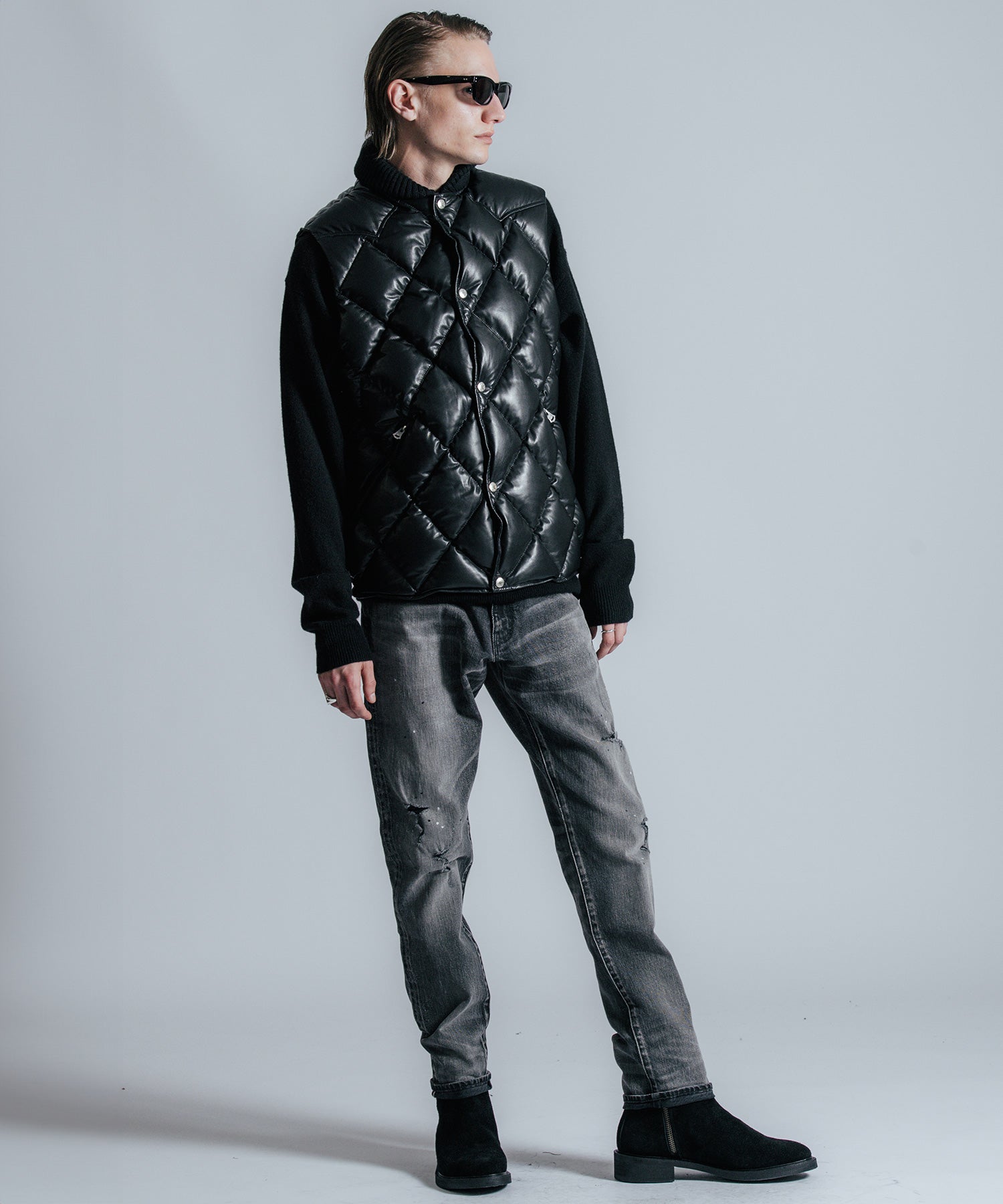 DIAMOND QUILT LAMB LEATHER DOWN VEST