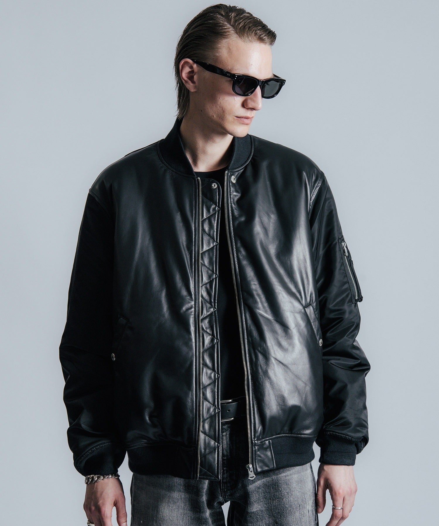 NYLON SLEEVE LEATHER MA1 JACKET