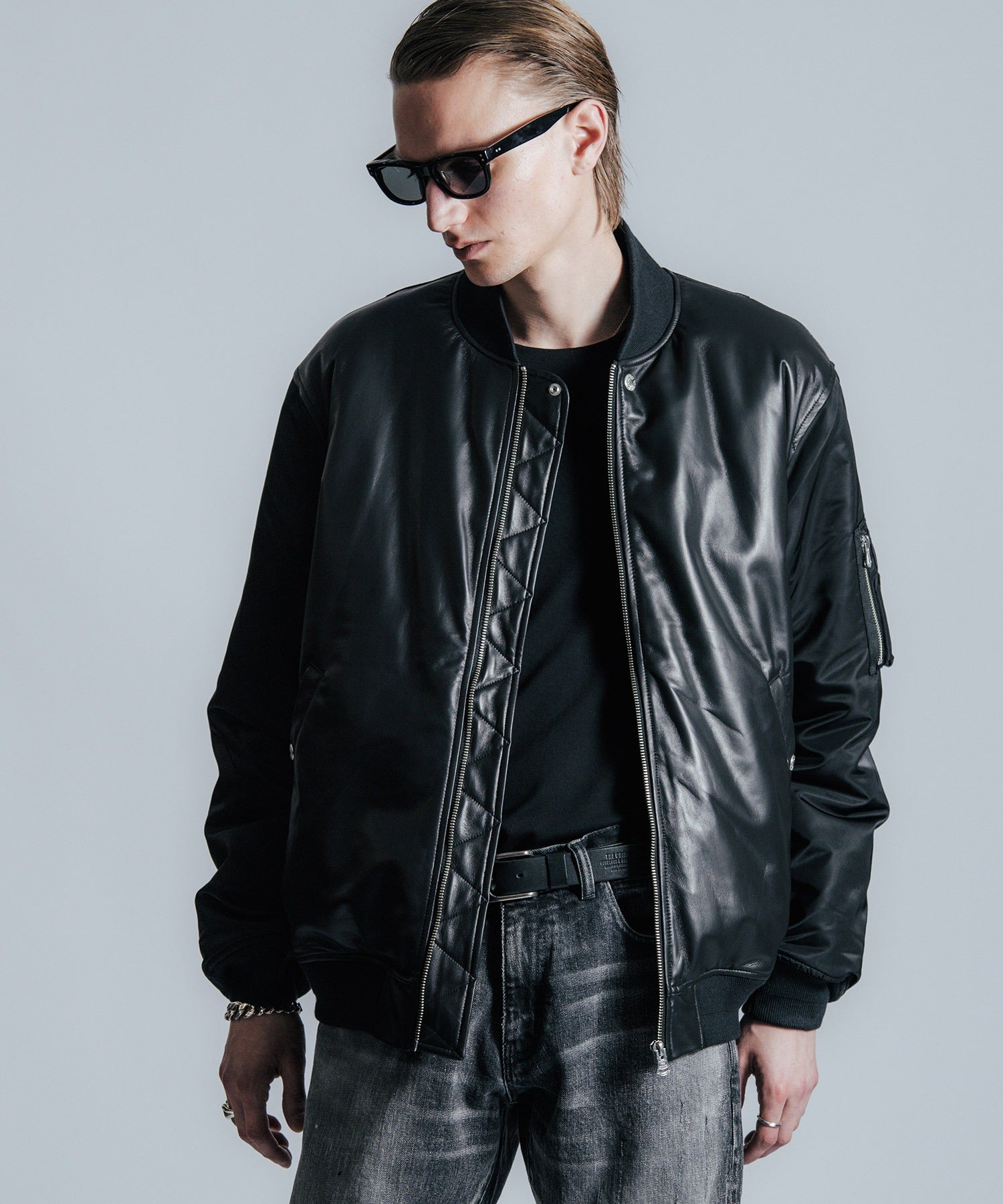 NYLON SLEEVE LEATHER MA1 JACKET