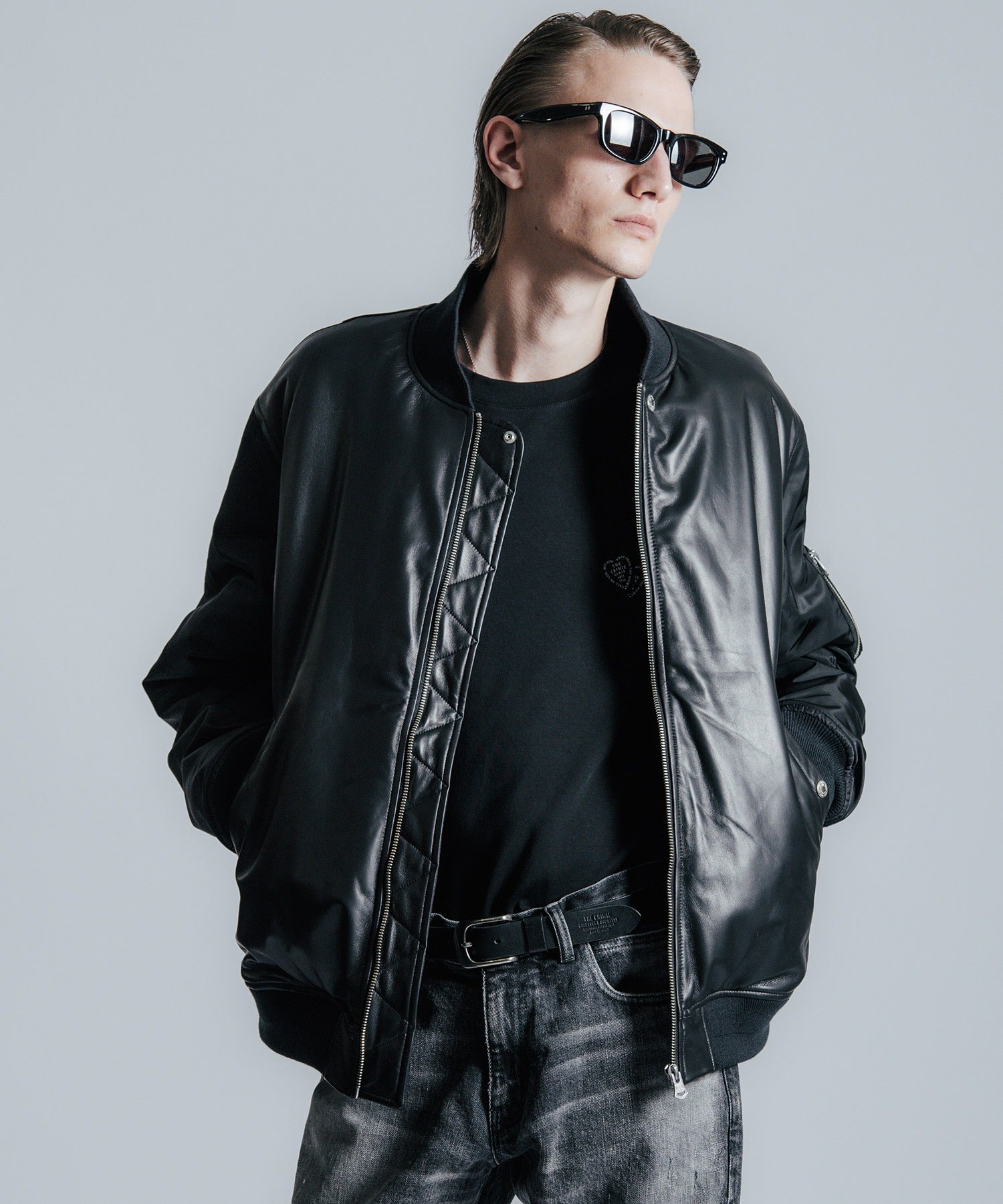 NYLON SLEEVE LEATHER MA1 JACKET