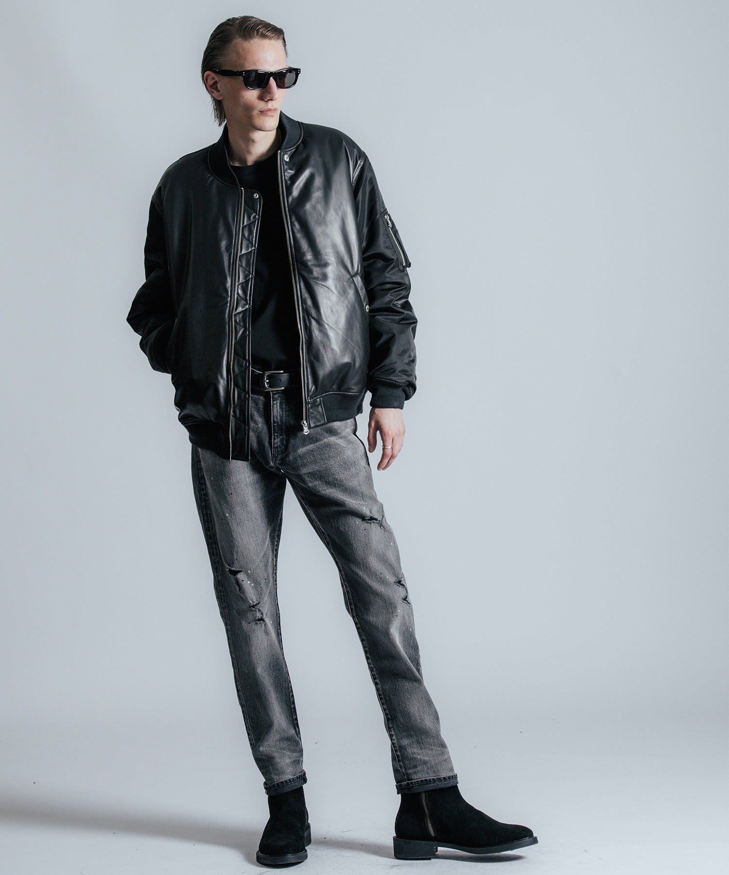 NYLON SLEEVE LEATHER MA1 JACKET