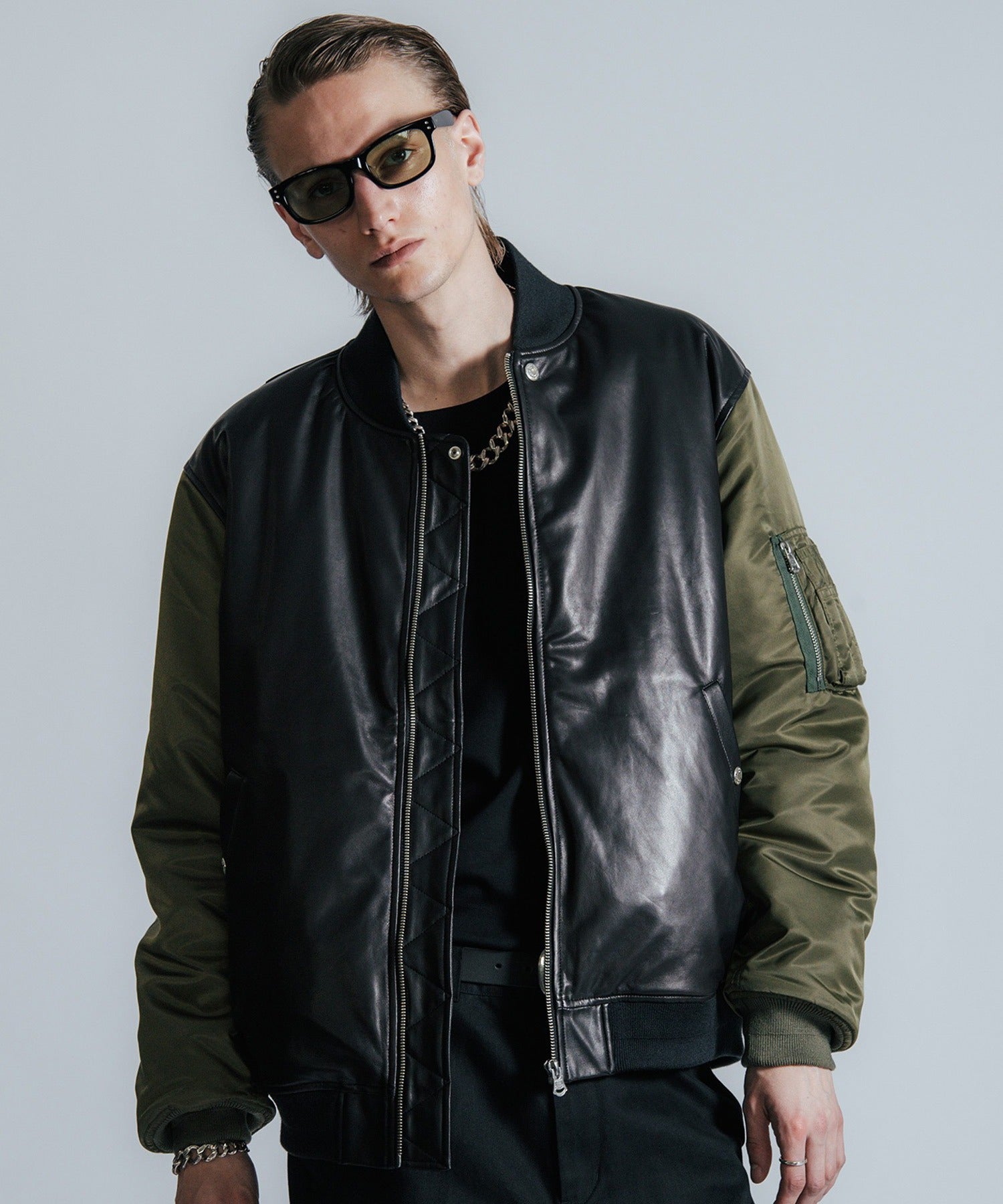 NYLON SLEEVE LEATHER MA1 JACKET