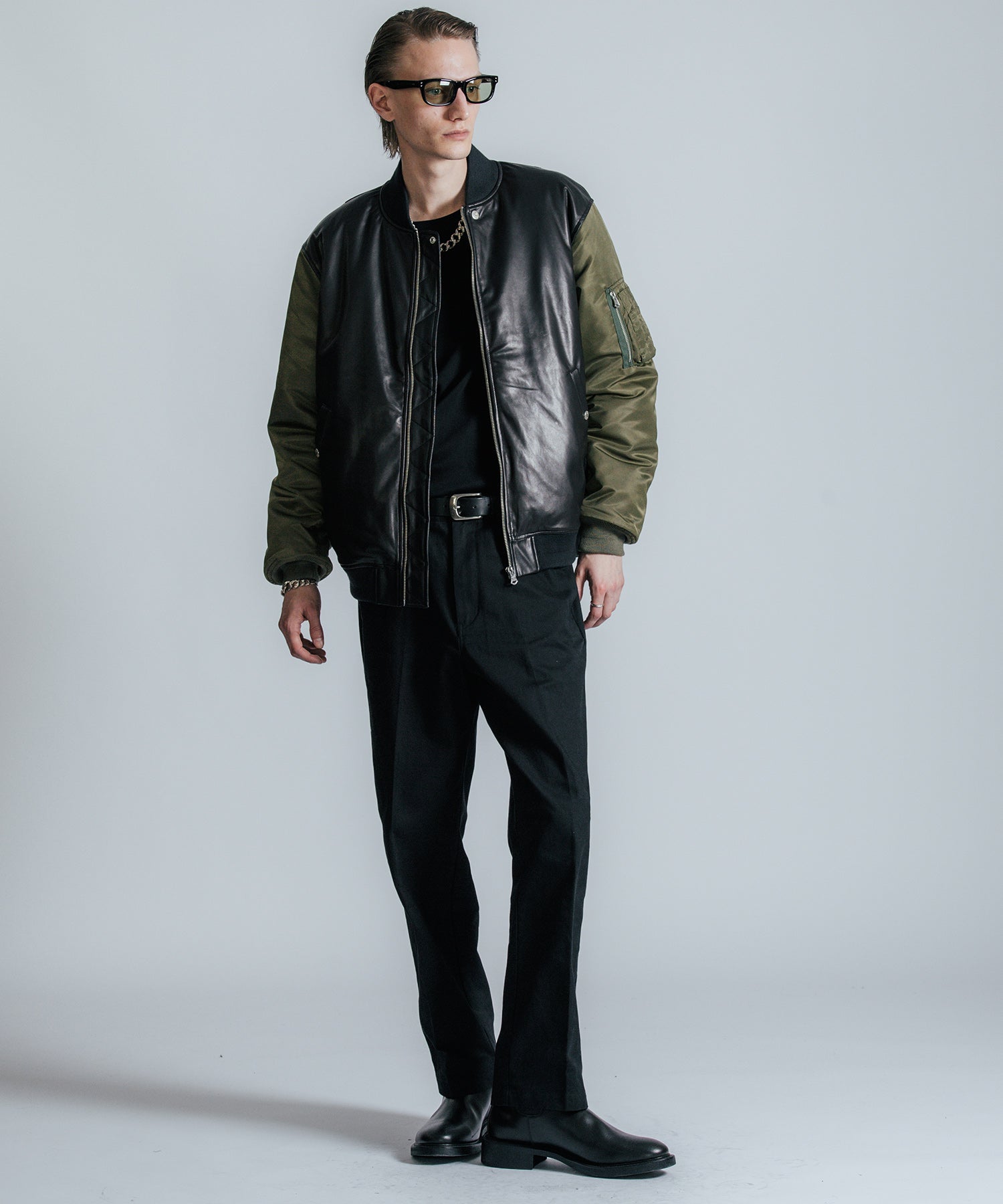 NYLON SLEEVE LEATHER MA1 JACKET