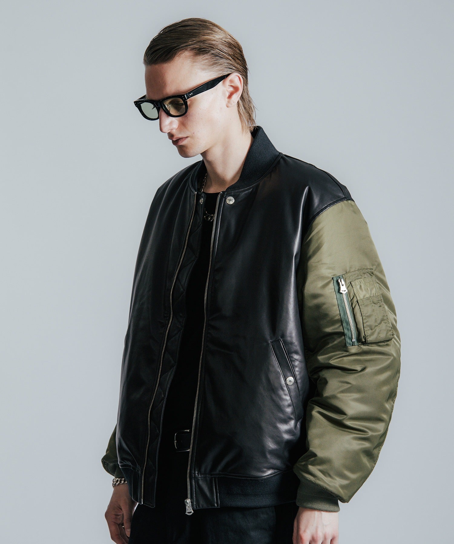 NYLON SLEEVE LEATHER MA1 JACKET