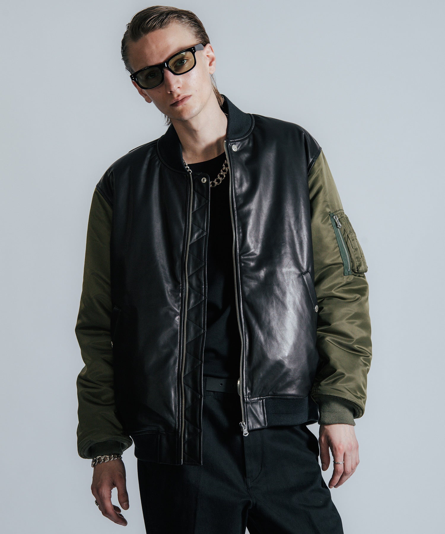 NYLON SLEEVE LEATHER MA1 JACKET