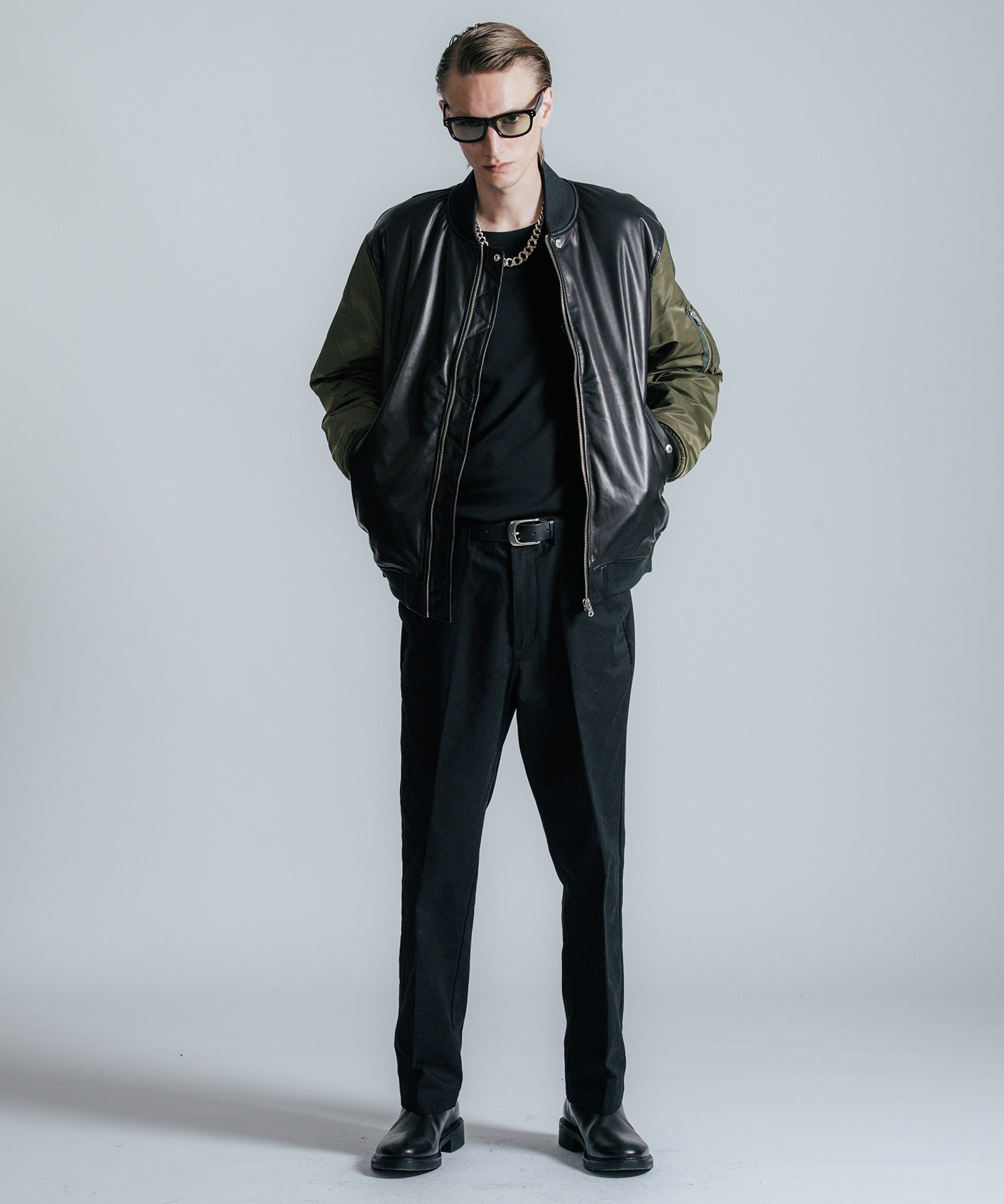 NYLON SLEEVE LEATHER MA1 JACKET