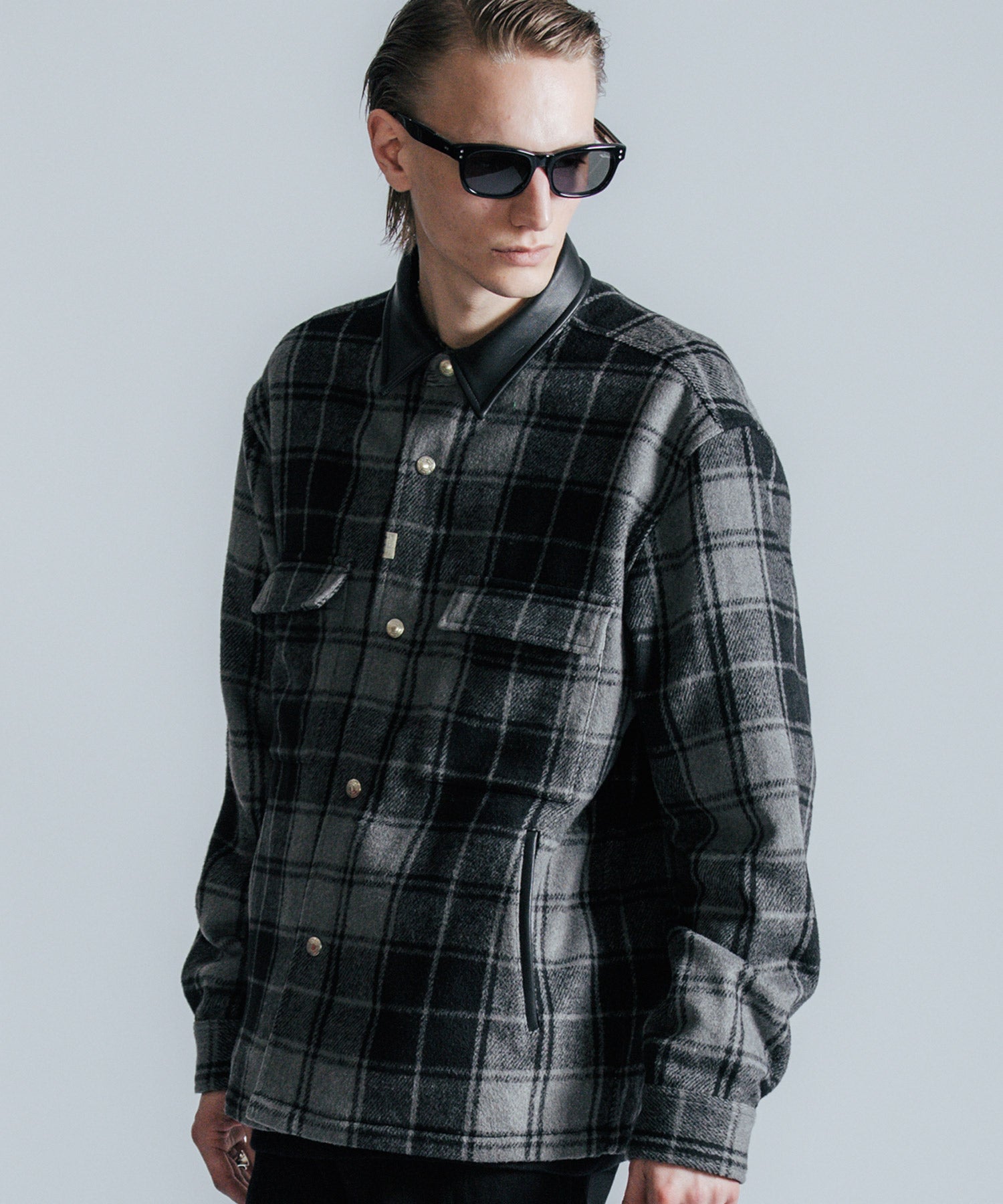 LEATHER COLLAR CHECK CPO SHIRT