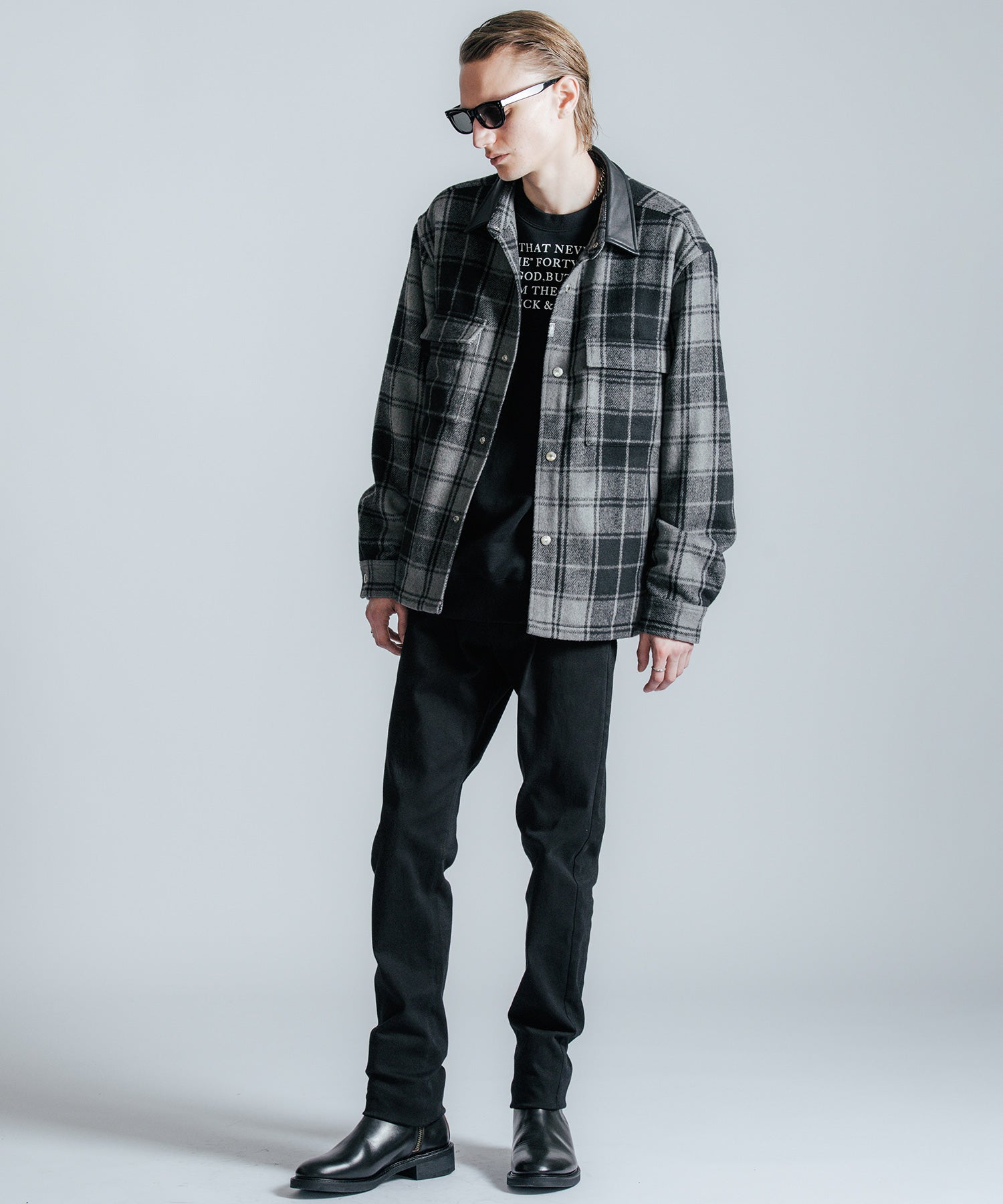 LEATHER COLLAR CHECK CPO SHIRT