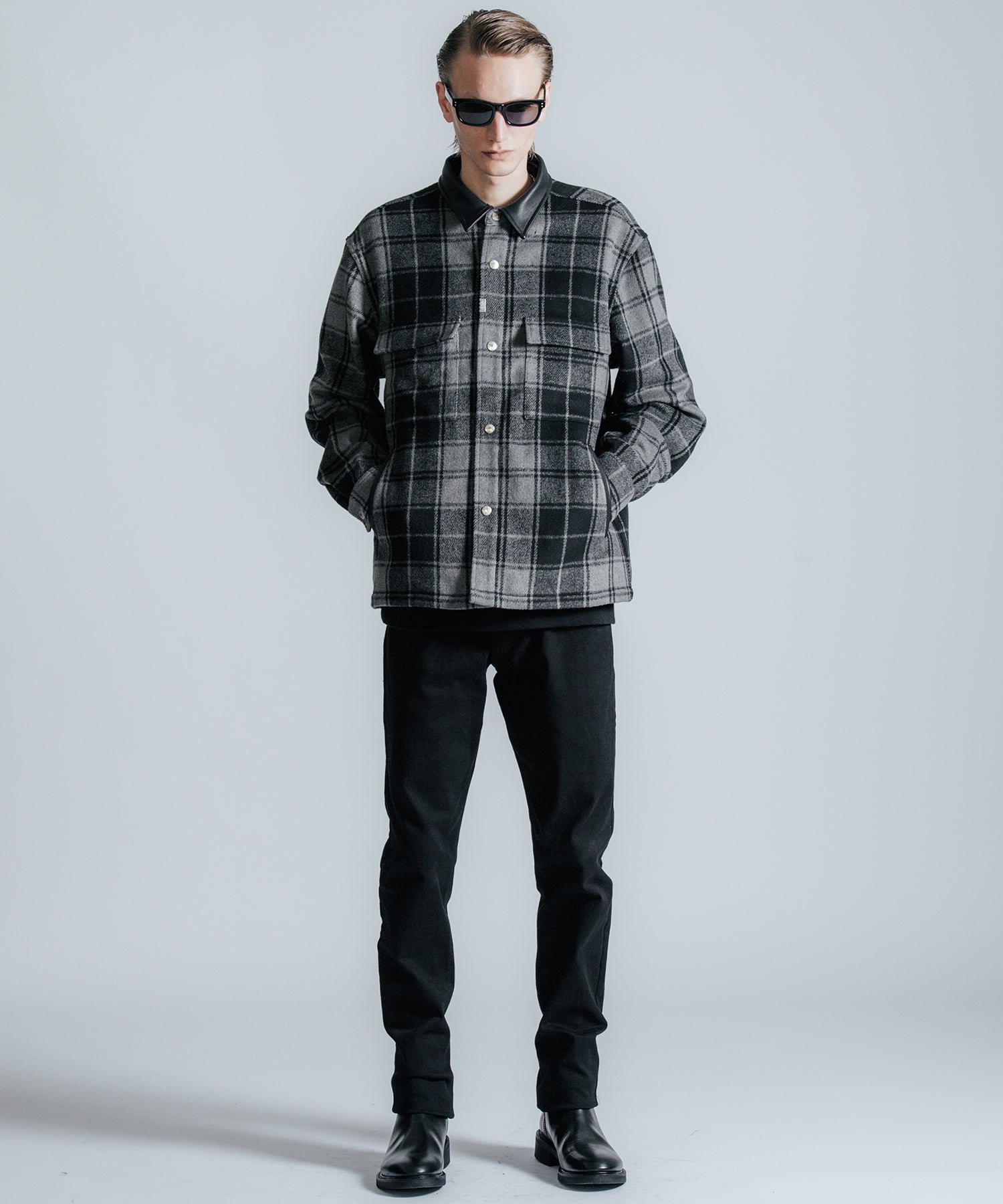 LEATHER COLLAR CHECK CPO SHIRT