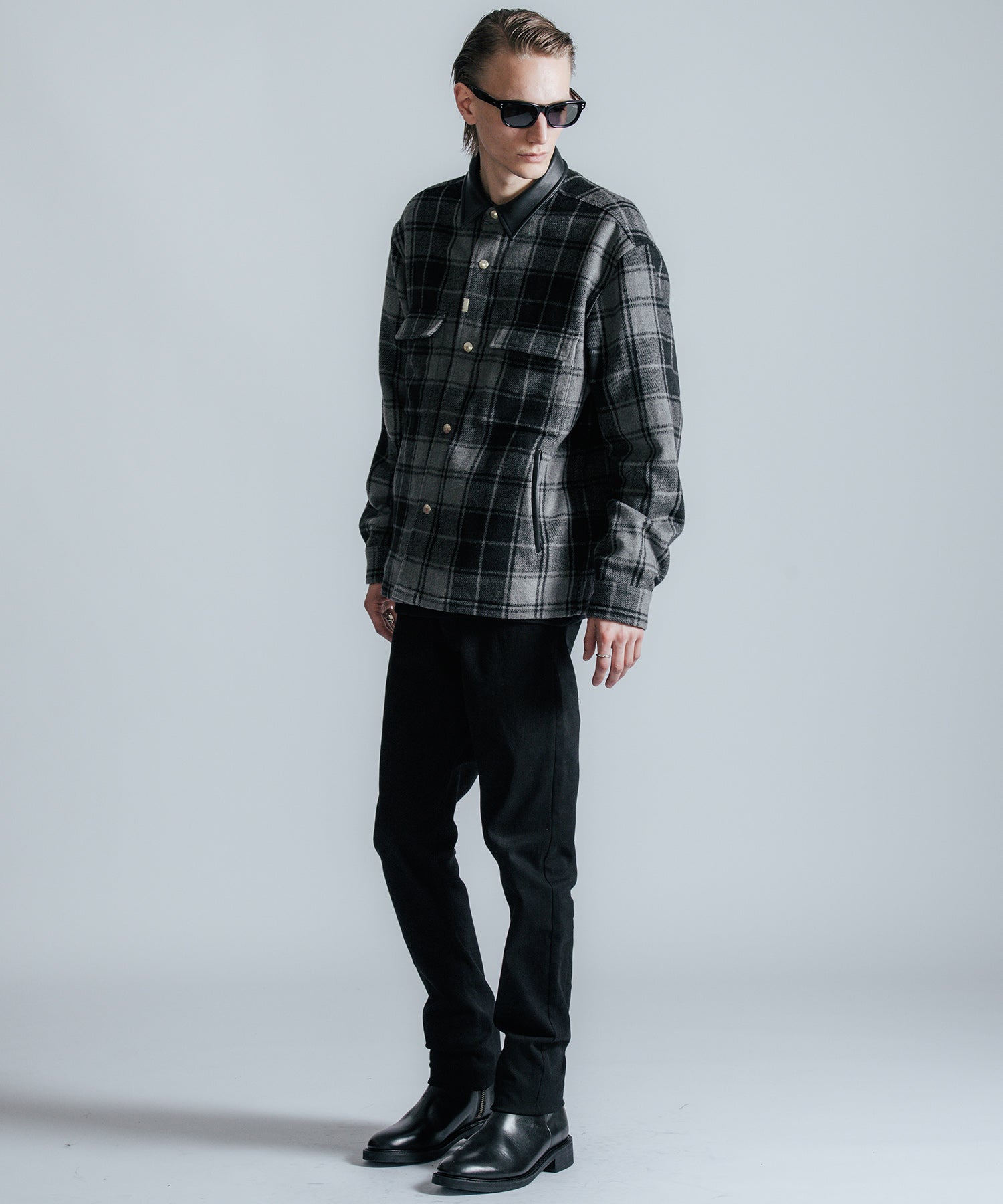 LEATHER COLLAR CHECK CPO SHIRT