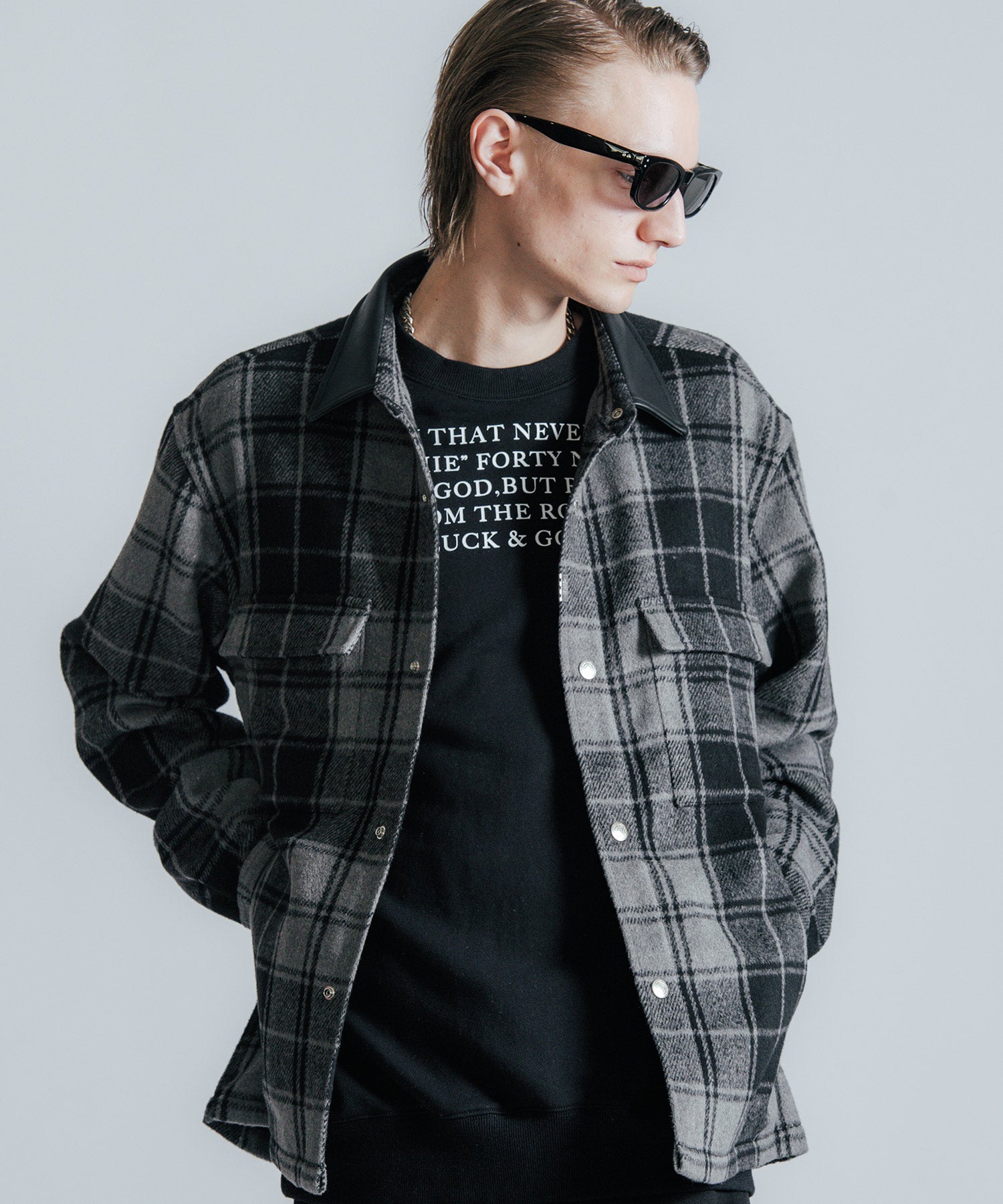 LEATHER COLLAR CHECK CPO SHIRT