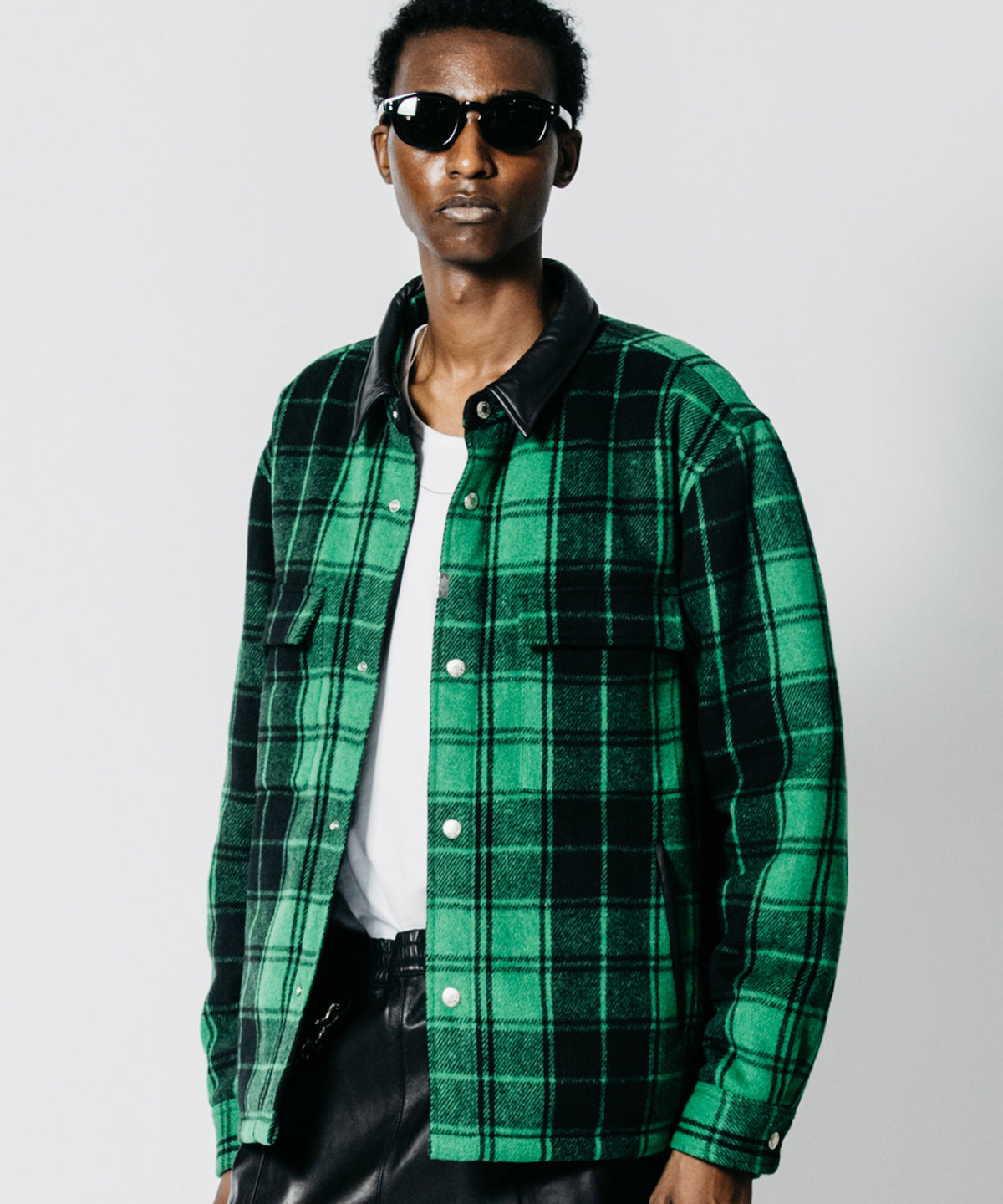 LEATHER-COLLAR SNAP SHIRT JACKET