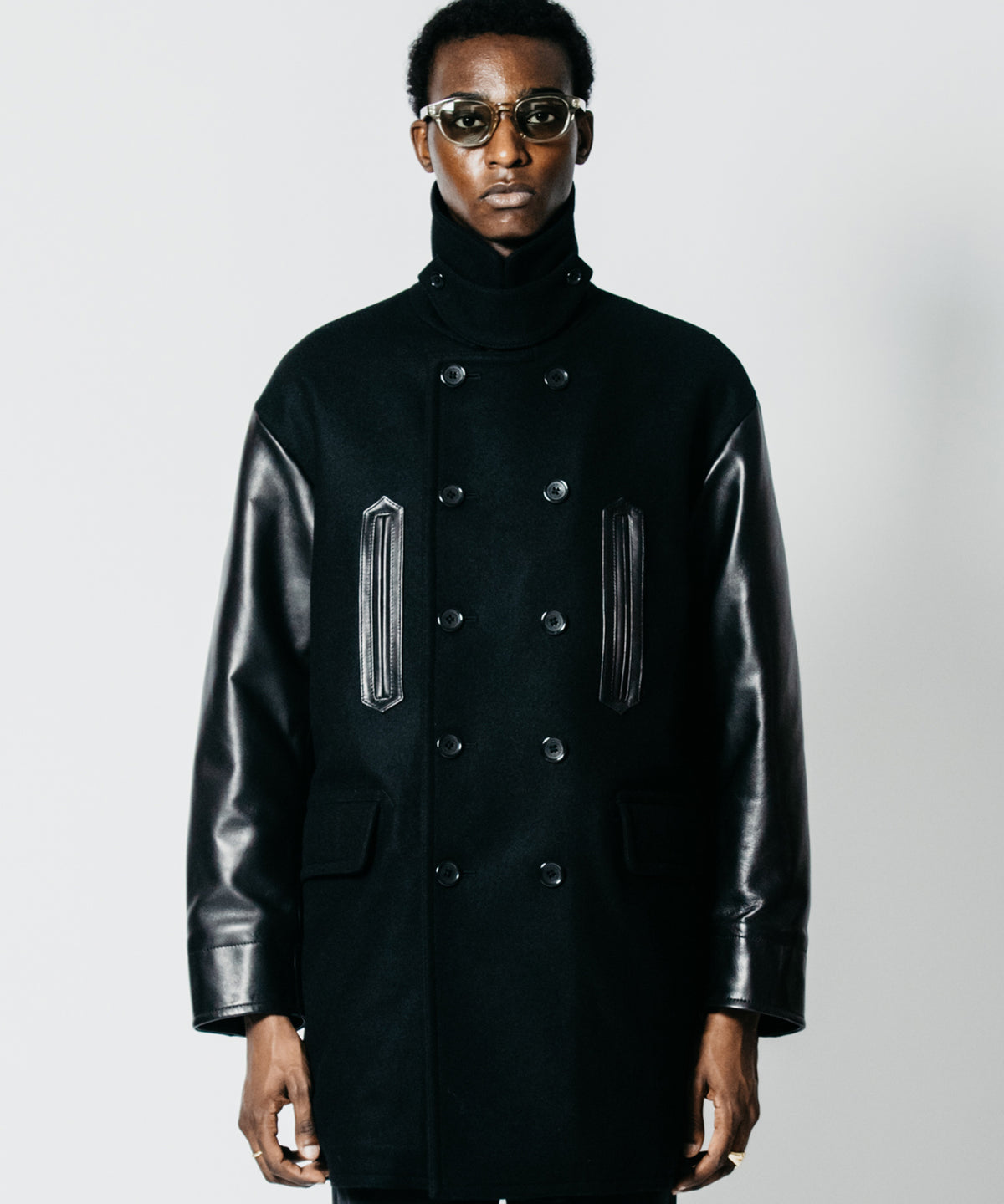 MID-LENGTH LEATHER-SLEEVE PEACOAT