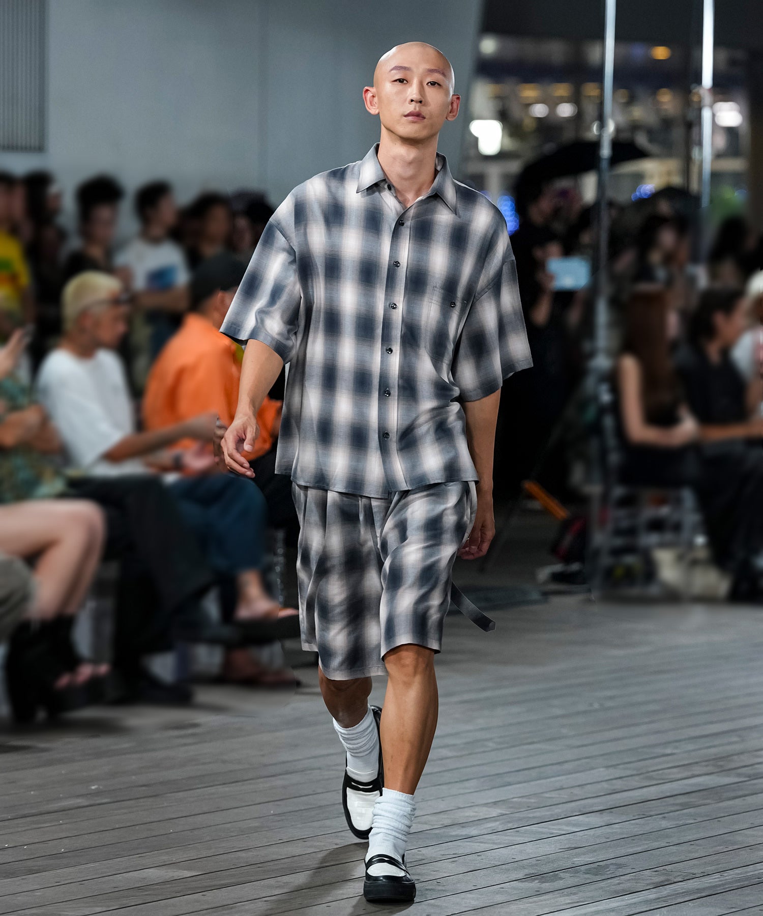 OMBRE CHECK BELTED WIDE HALF PANTS