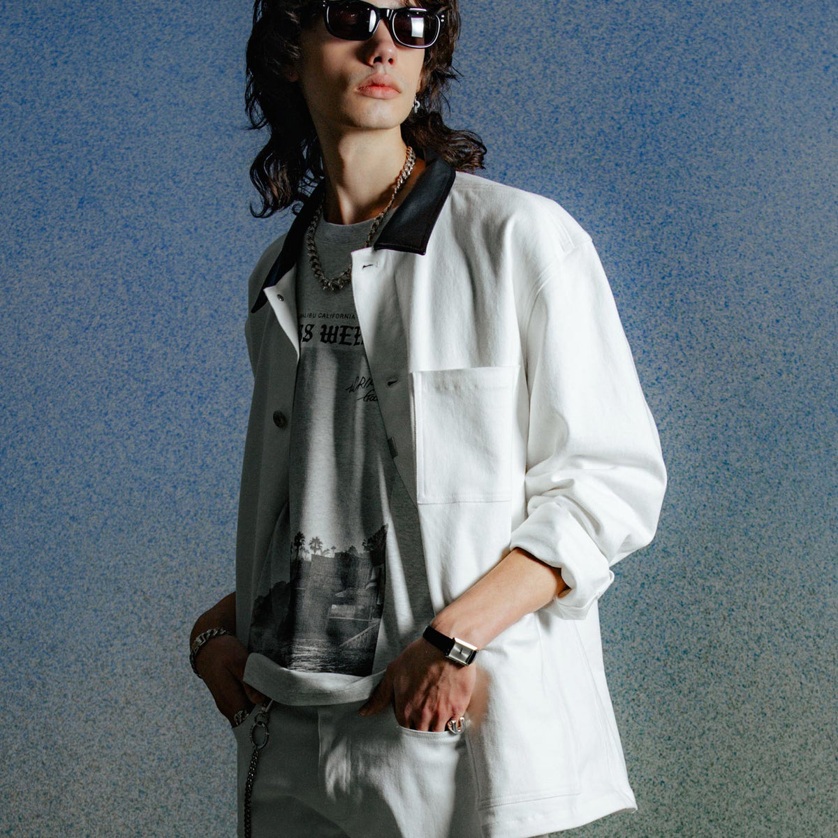 LEATHER COLLAR TWILL STRETCH COVER ALL JACKET