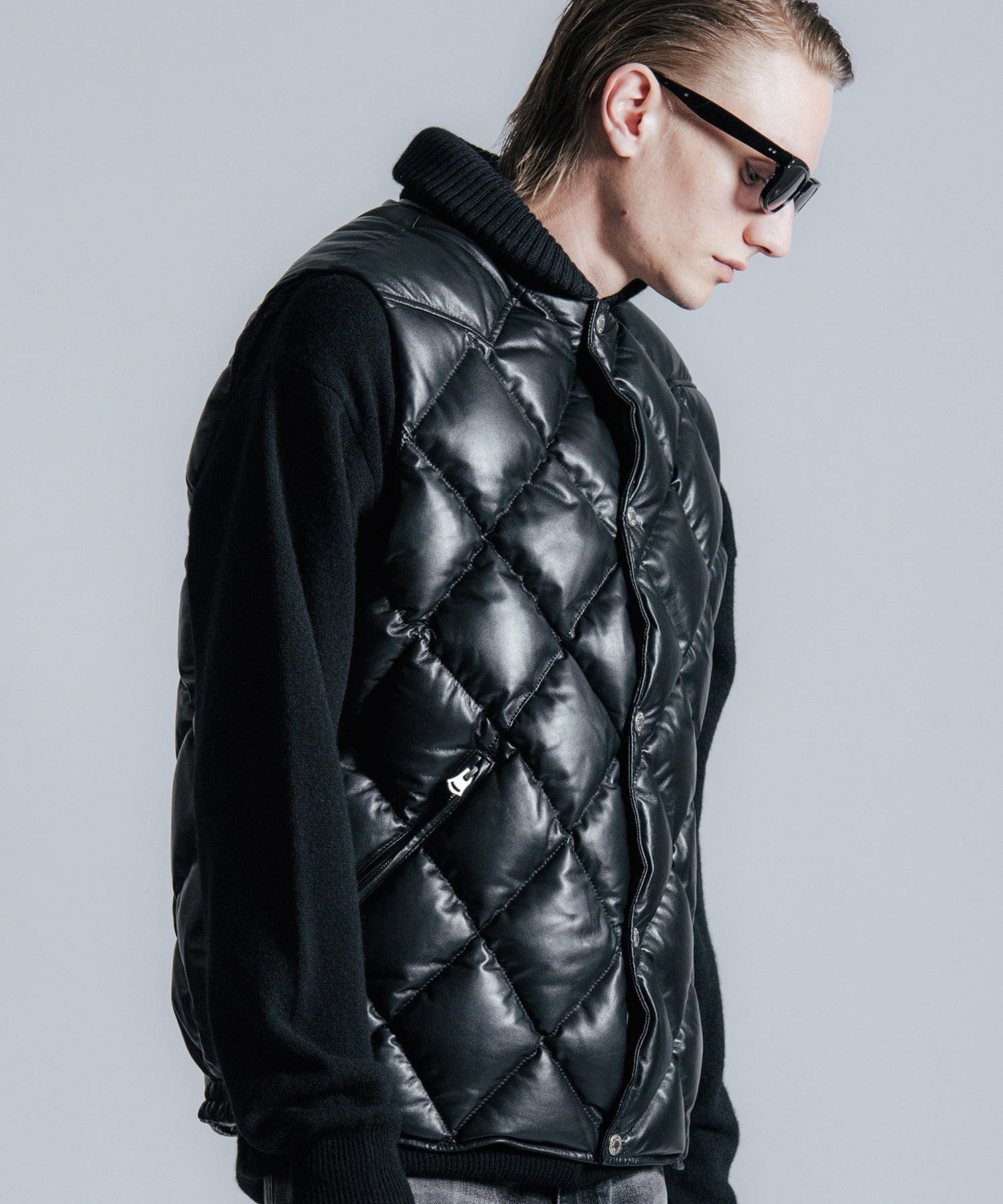 DIAMOND QUILT LAMB LEATHER DOWN VEST