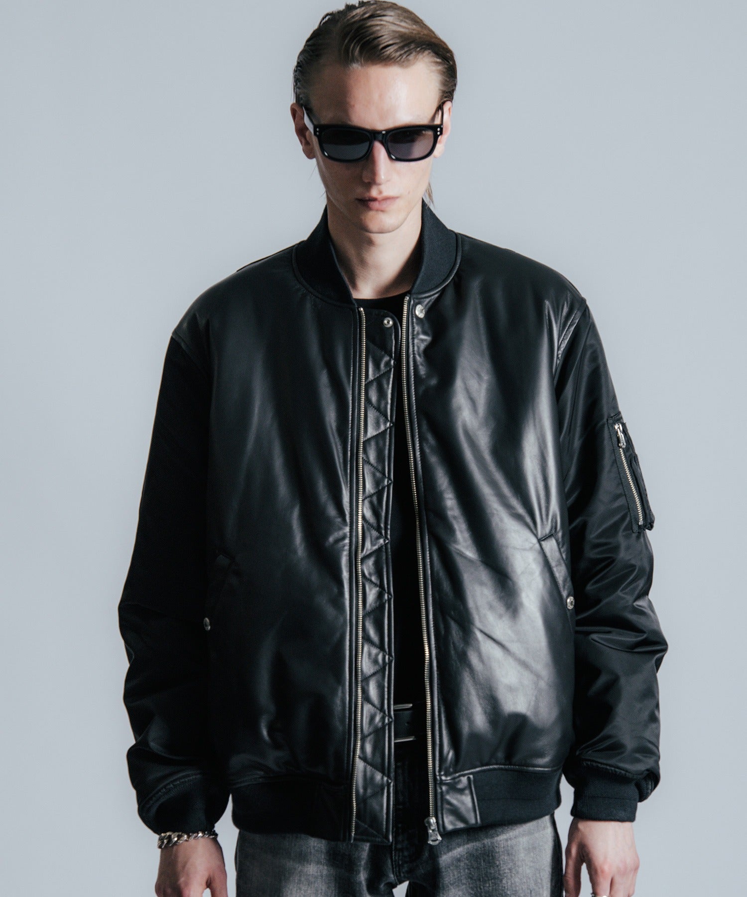 NYLON SLEEVE LEATHER MA1 JACKET