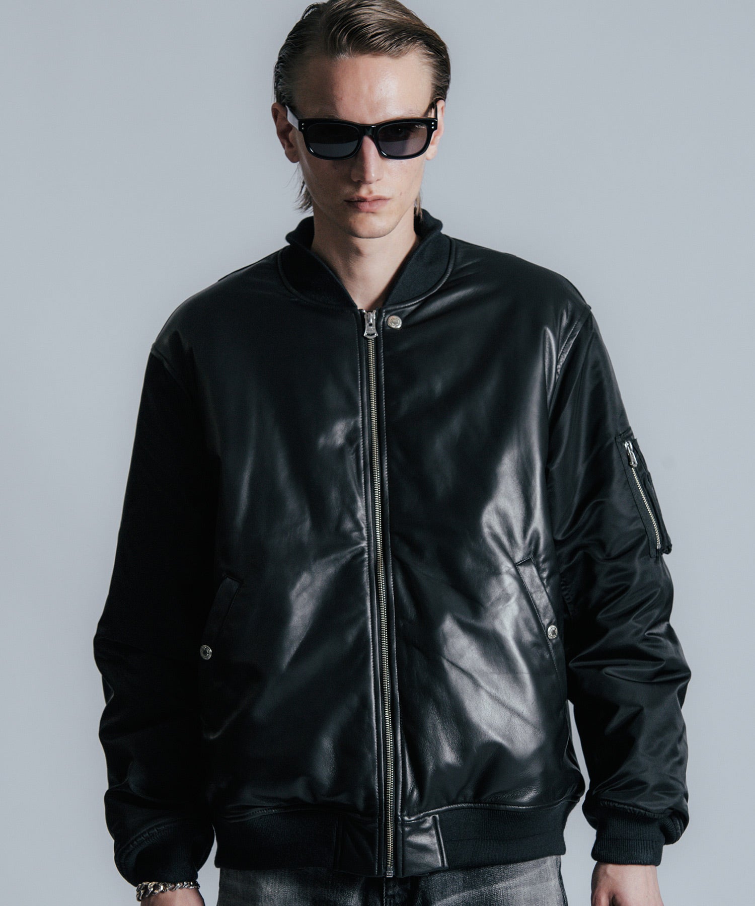 NYLON SLEEVE LEATHER MA1 JACKET