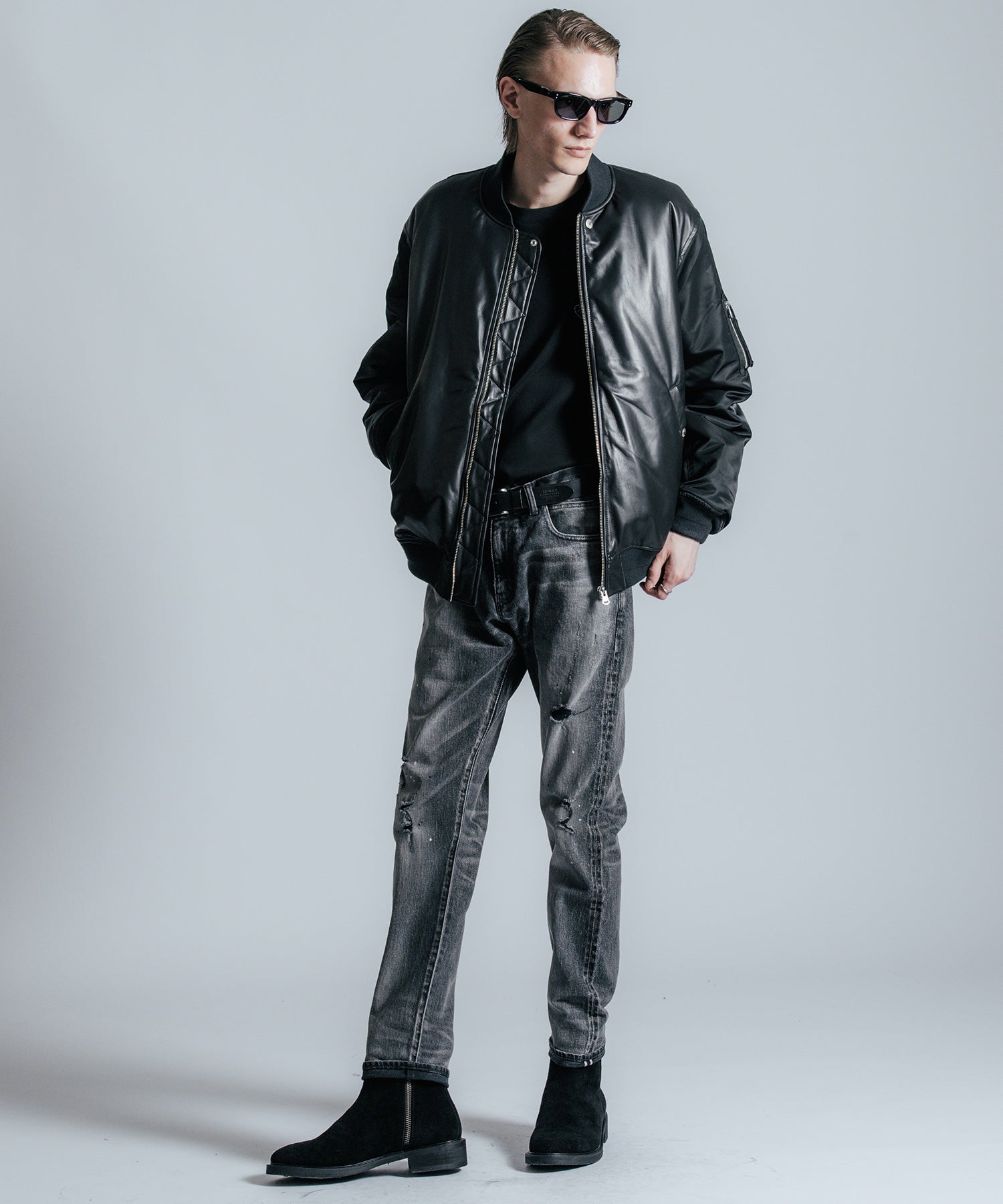 NYLON SLEEVE LEATHER MA1 JACKET