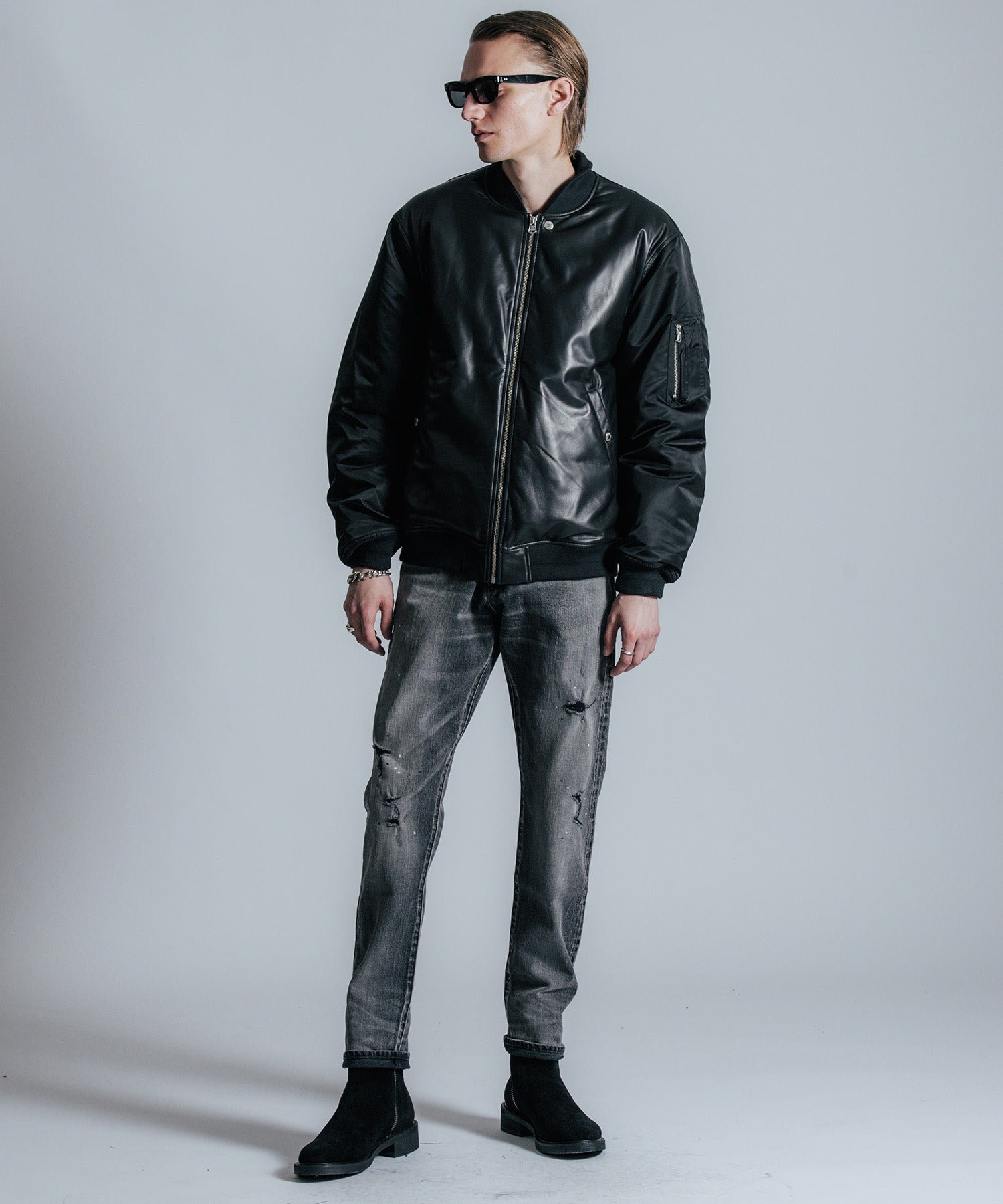 NYLON SLEEVE LEATHER MA1 JACKET