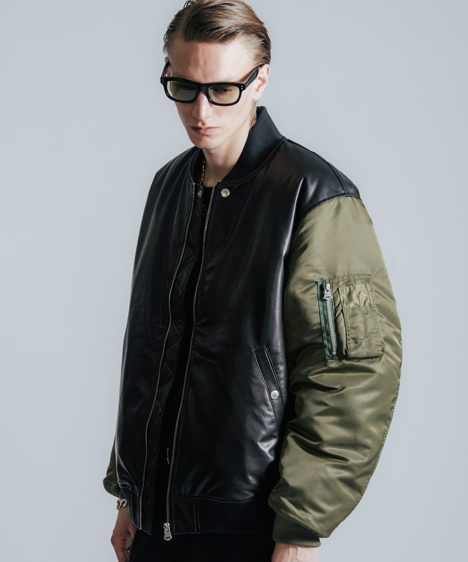 NYLON SLEEVE LEATHER MA1 JACKET