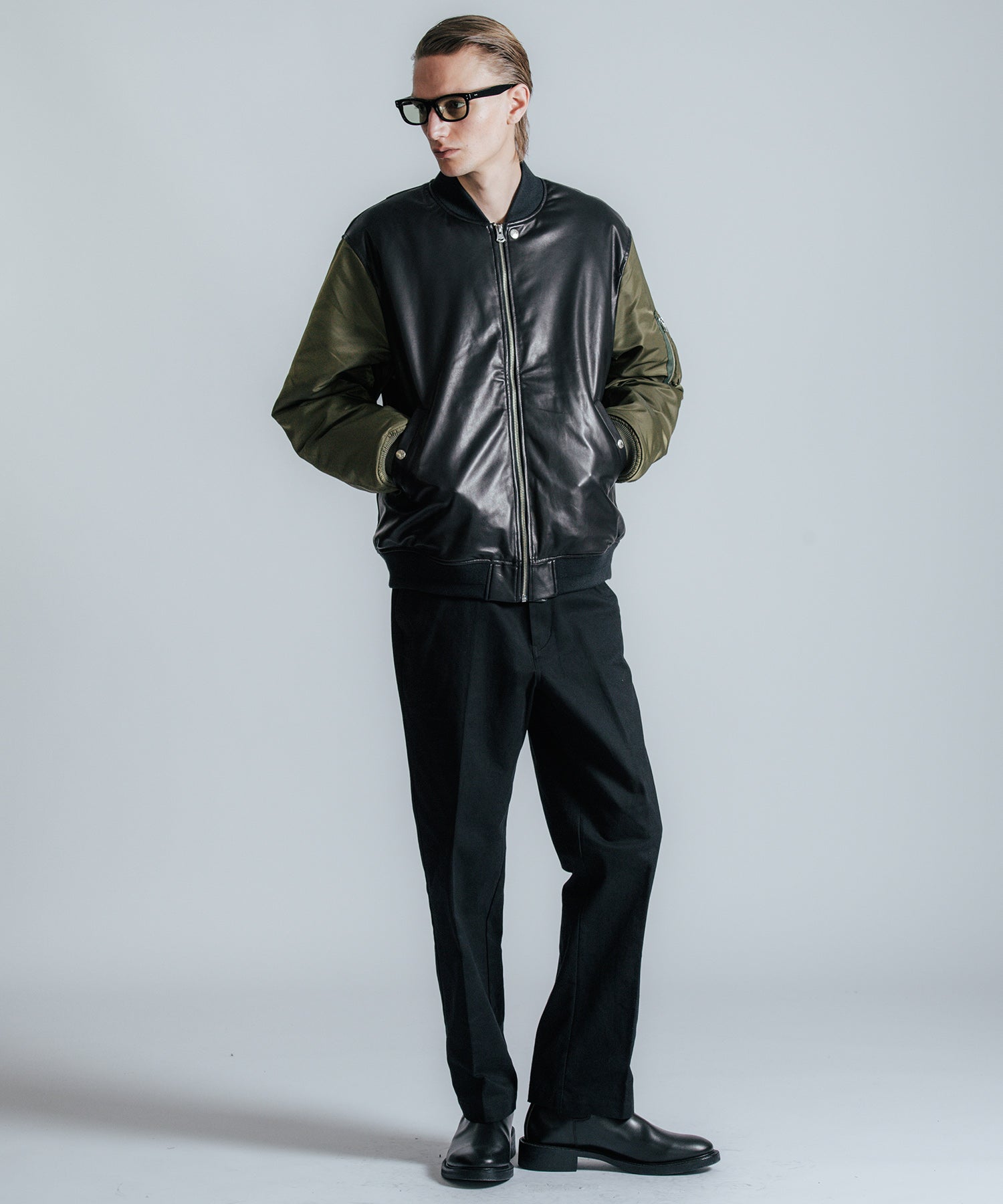 NYLON SLEEVE LEATHER MA1 JACKET