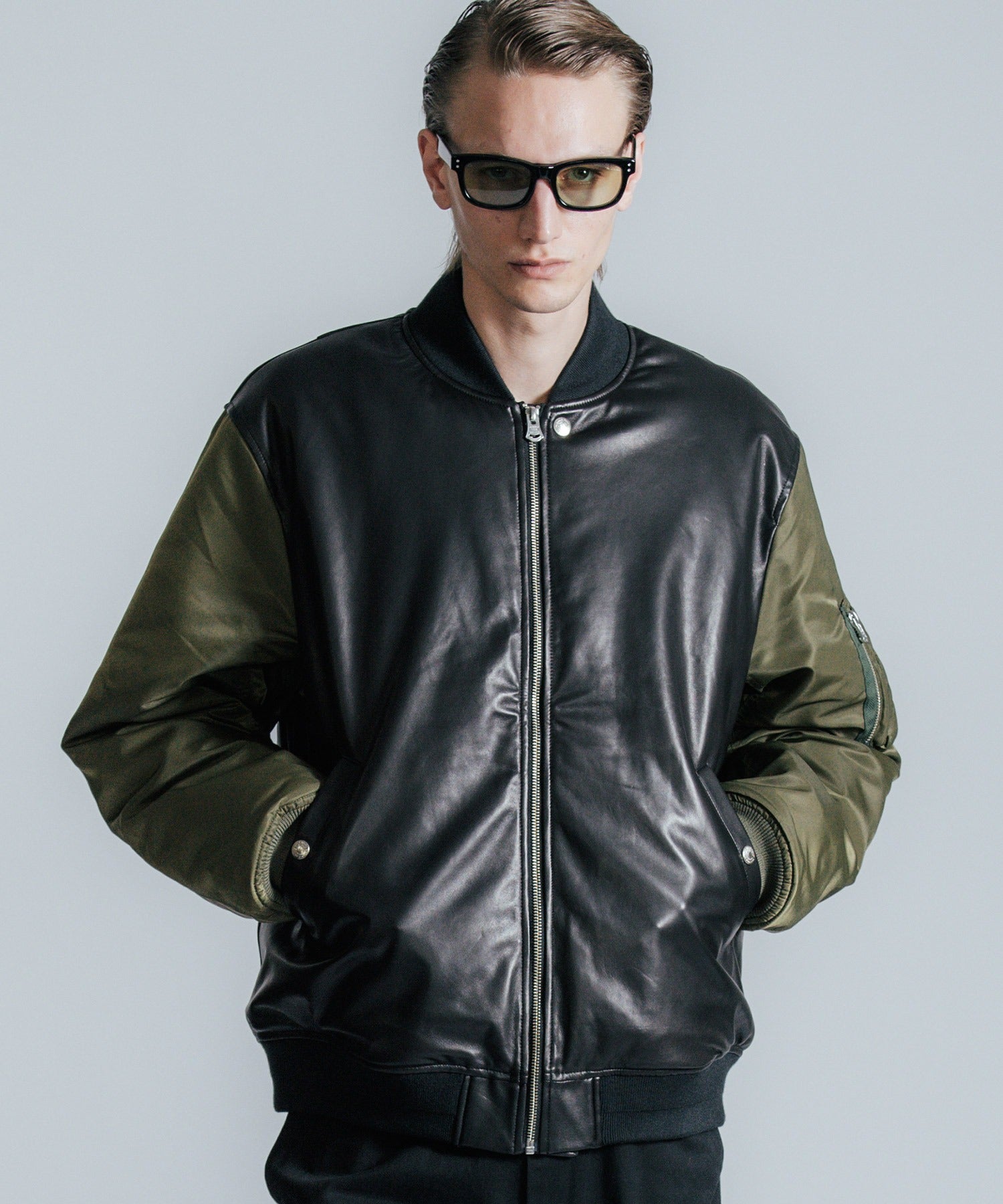 NYLON SLEEVE LEATHER MA1 JACKET